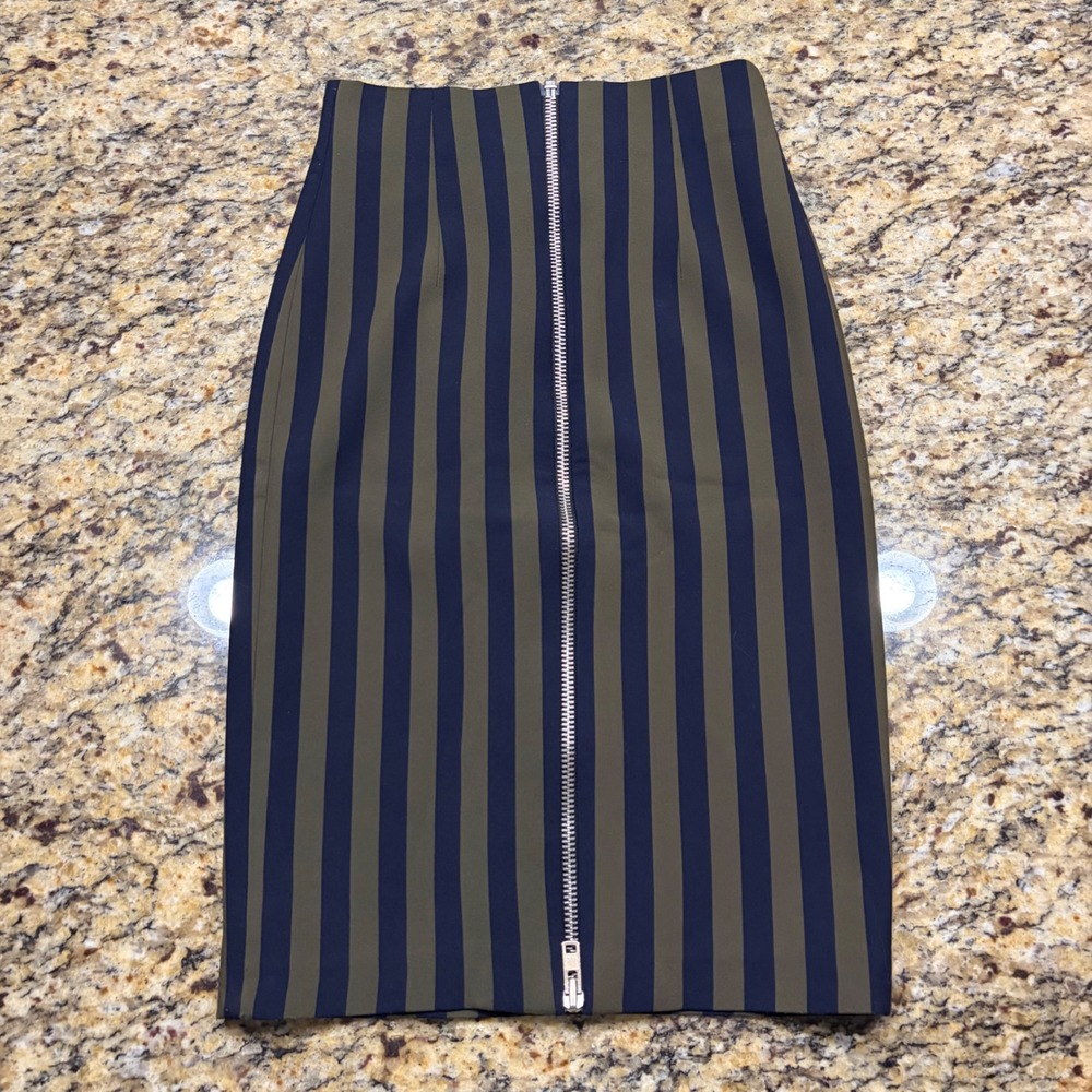 Zara Woman Olive Green Navy Blue Striped Zip Front Pencil Skirt XS ws